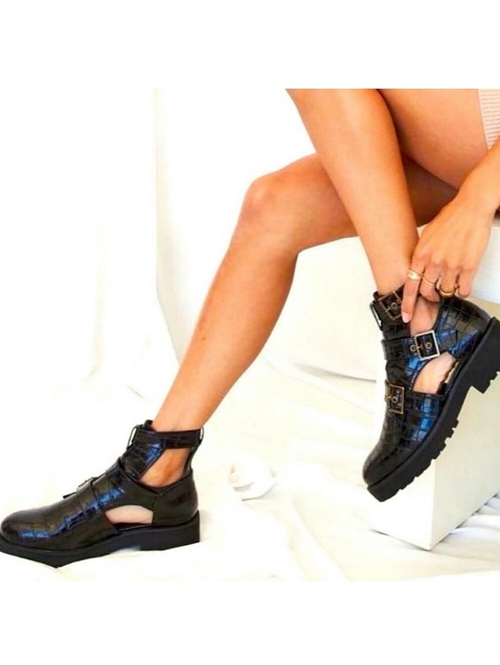 COCONUTS BY MATISSE Axel Black Croc-Embossed Cutout Buckle Boots | Size 8